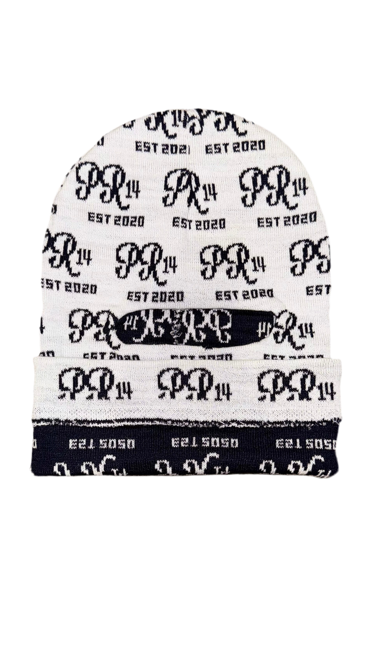 PR14 Monogram Knit Balaclava – White & Navy